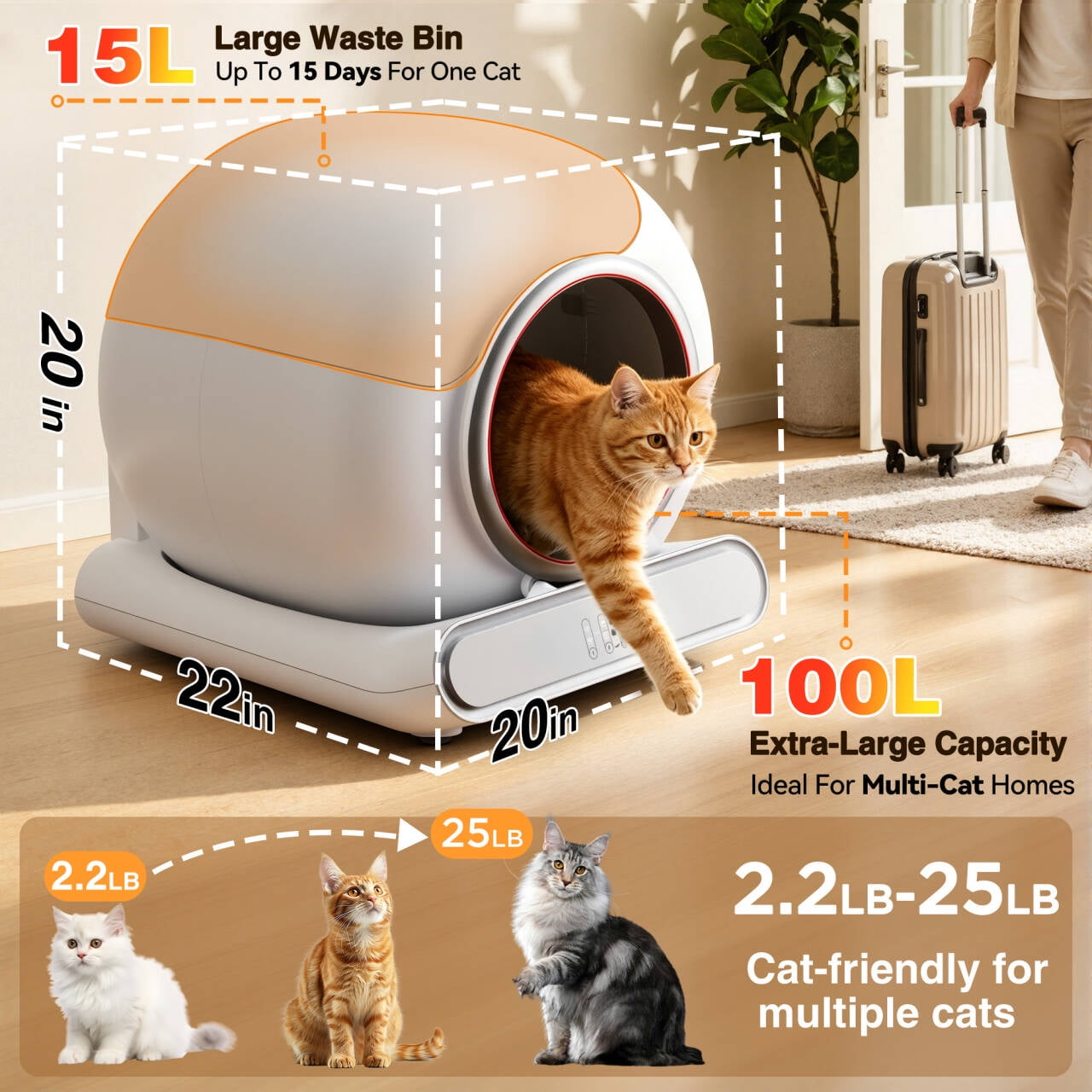 Self Cleaning Cat Litter Box, 115L Automatic Litter Box w/ Liner, 10 Sensor Protection for Multi Cat, Dual APP+ Panel Control,Odor Removal,Litter Box