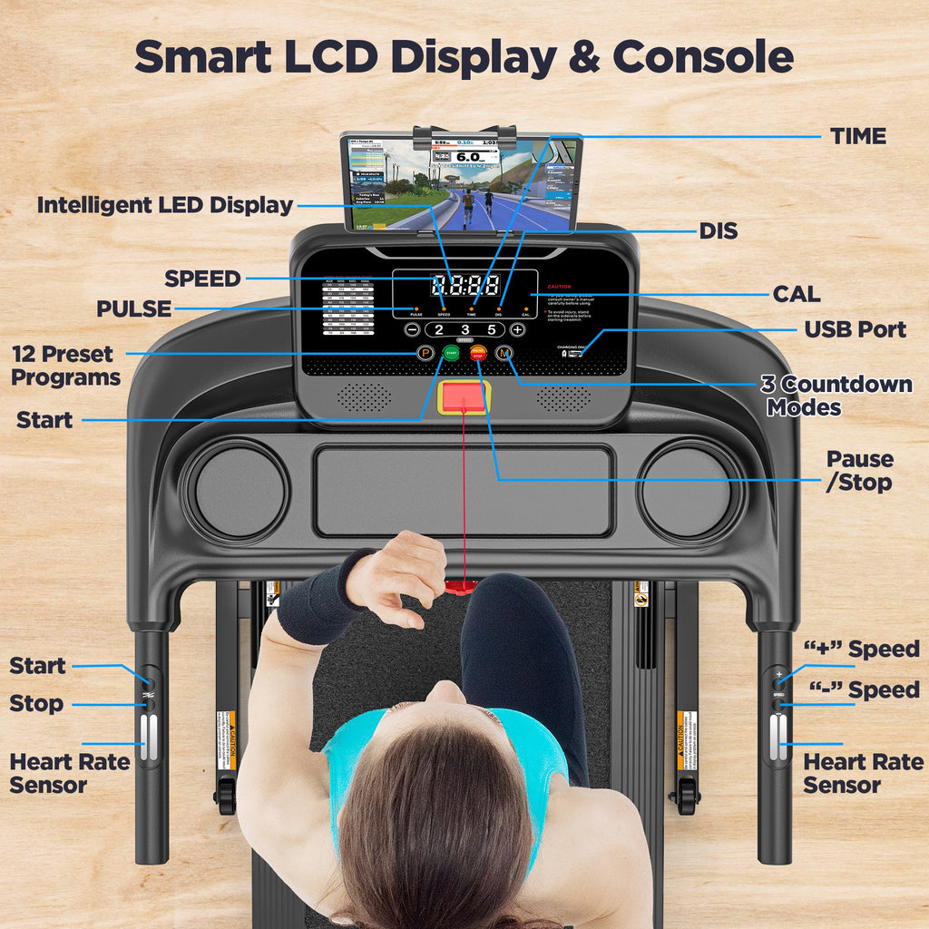3.0HP Portable Foldable Treadmill w/ 300LBS Weight Capacity for Home & Office, Inclined Treadmill w/ Smart APP Control, 64+7 Program, HiFi Speakers, LCD Display, Ideal for Walking and Running