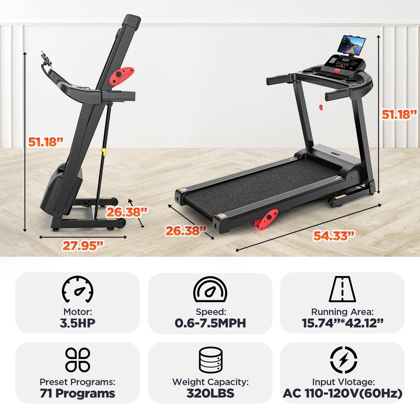 300 lbs Capacity Treadmill for Home, 3.5HP Folding Treadmill w/ 71 Preset Workouts, APP with Free Train Courses, Dual HiFi Speakers, Exercise Equipment for Walking, Jogging, Running