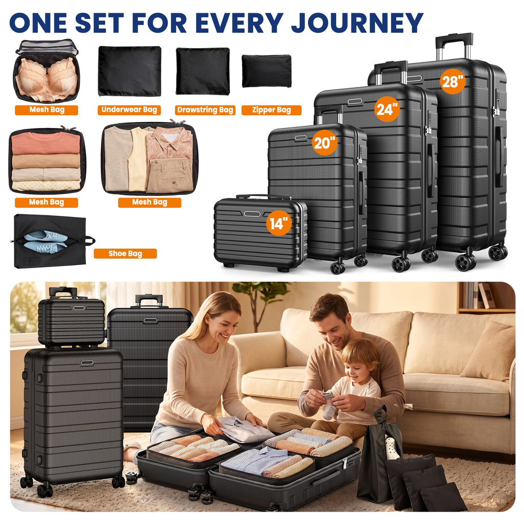 11Pcs Hardshell Luggage Set, Lightweight Suitcases w/ Spinner Wheels, Carry on Luggage, Black
