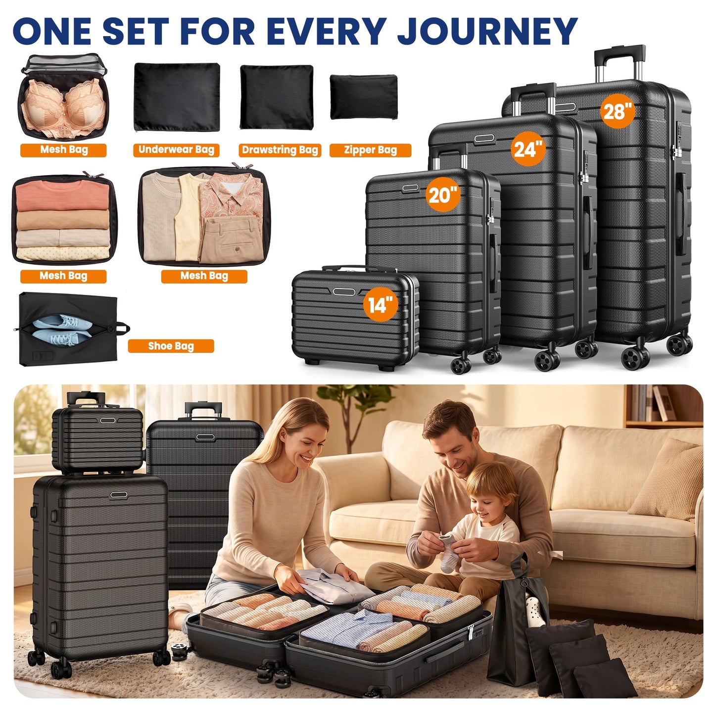 11Pcs Hardshell Luggage Set, Lightweight Suitcases w/ Spinner Wheels, Carry on Luggage, Black