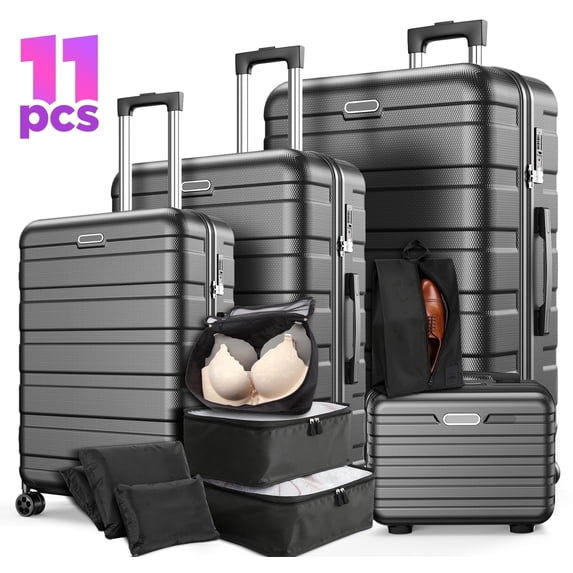 11 Piece Hardside Luggage Suitcase Set with 360° Double Spinner Wheels Integrated TSA-style Lock ABS Hardshell Luggage for Travel Trips Business