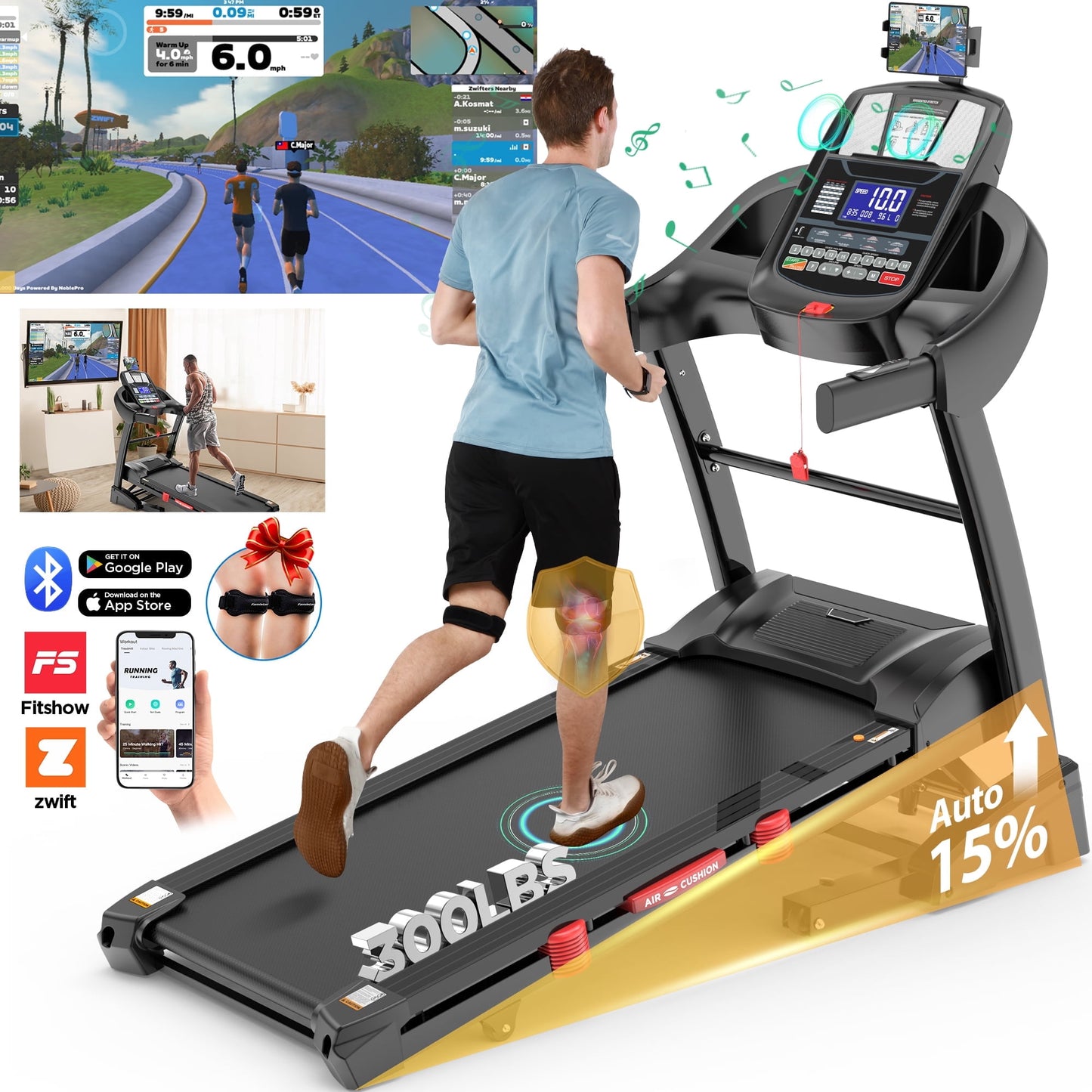 Portable Folding Treadmill for Home Office with 15°Auto Incline, 300lbs Capacity, 10MPH Fast Speed, 64+3+3+1 Programs, APP Enabled, Bluetooth Speakers, Smart Running Walking Machine, 5.0HP