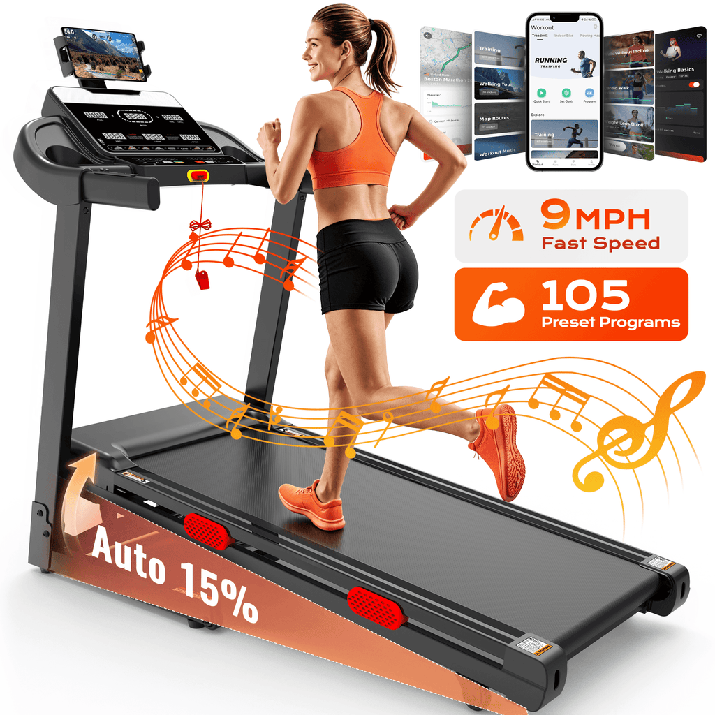 Foldable Treadmill with 15% Auto Incline, 330lb Capacity Treadmill for Home, 3.8HP Quiet Motor up to 9MPH, 105 Programs, Cushioned Running Belt, Smart APP Portable Jogging Walking Treadmill