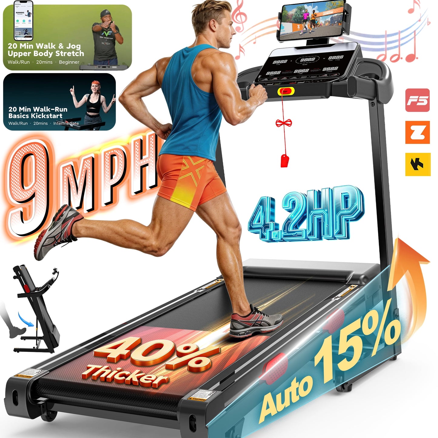 Folding Treadmill w/ 15% Auto Incline, 4.2HP Portable Treadmill 330LB Capacity, 105 Programs Treadmills for Home with APP Control, Bluetooth Speaker, LCD Display, Foldable Jogging Walking Treadmill