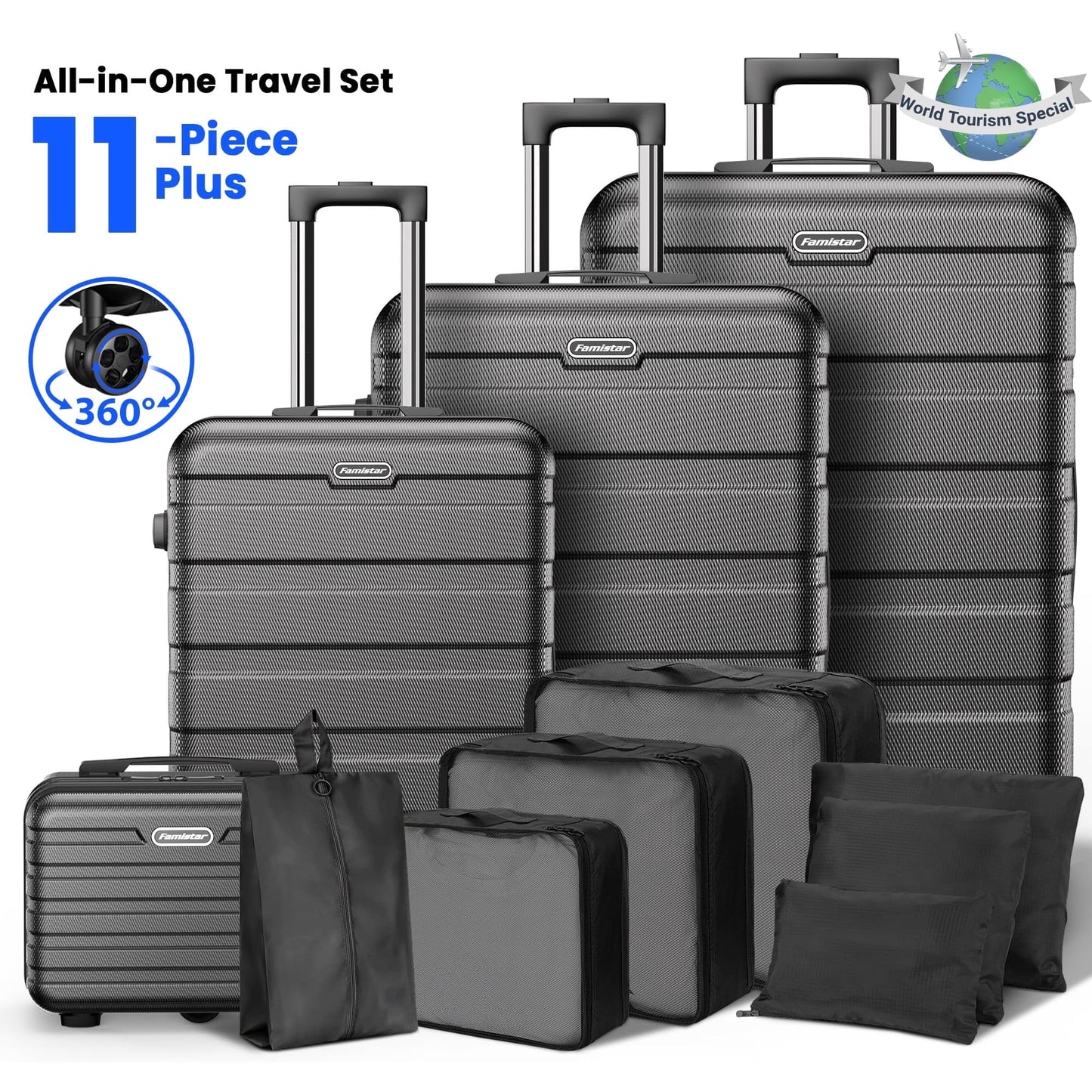 Hardside Luggage 11 Pcs Set, Hardshell Suitcases with Spinner Wheels & Lock, 14" Travel Case, 20" Carry-On Luggage, 24" Checked Luggage, 28" Checked Luggage, Black