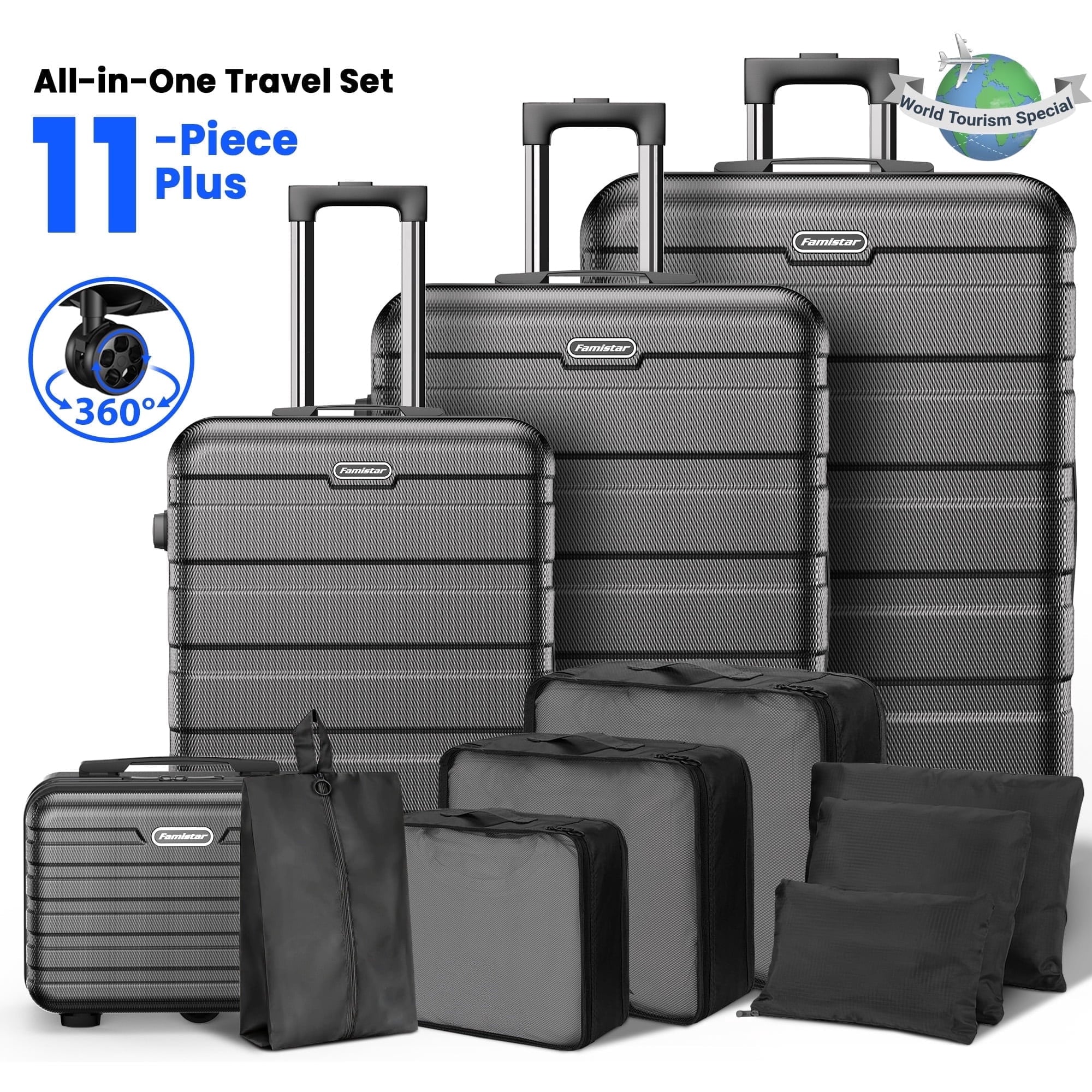 Hardside Luggage 11 Pcs Set, Hardshell Suitcases with Spinner Wheels & Lock, 14" Travel Case, 20" Carry-On Luggage, 24" Checked Luggage, 28" Checked Luggage, Black