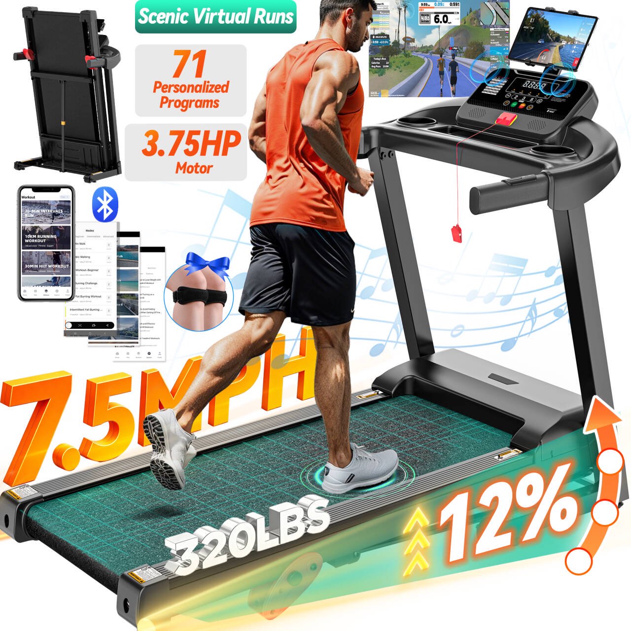 10% Inclined Treadmill w/ 330lb Capacity, 3.75HP Folding Treadmill for Home Walking Running, 64+7 Programs, APP Control, 7.5MPH, HiFi Stereo Speakers, Shock-Absorbing, Knee Strap Gift
