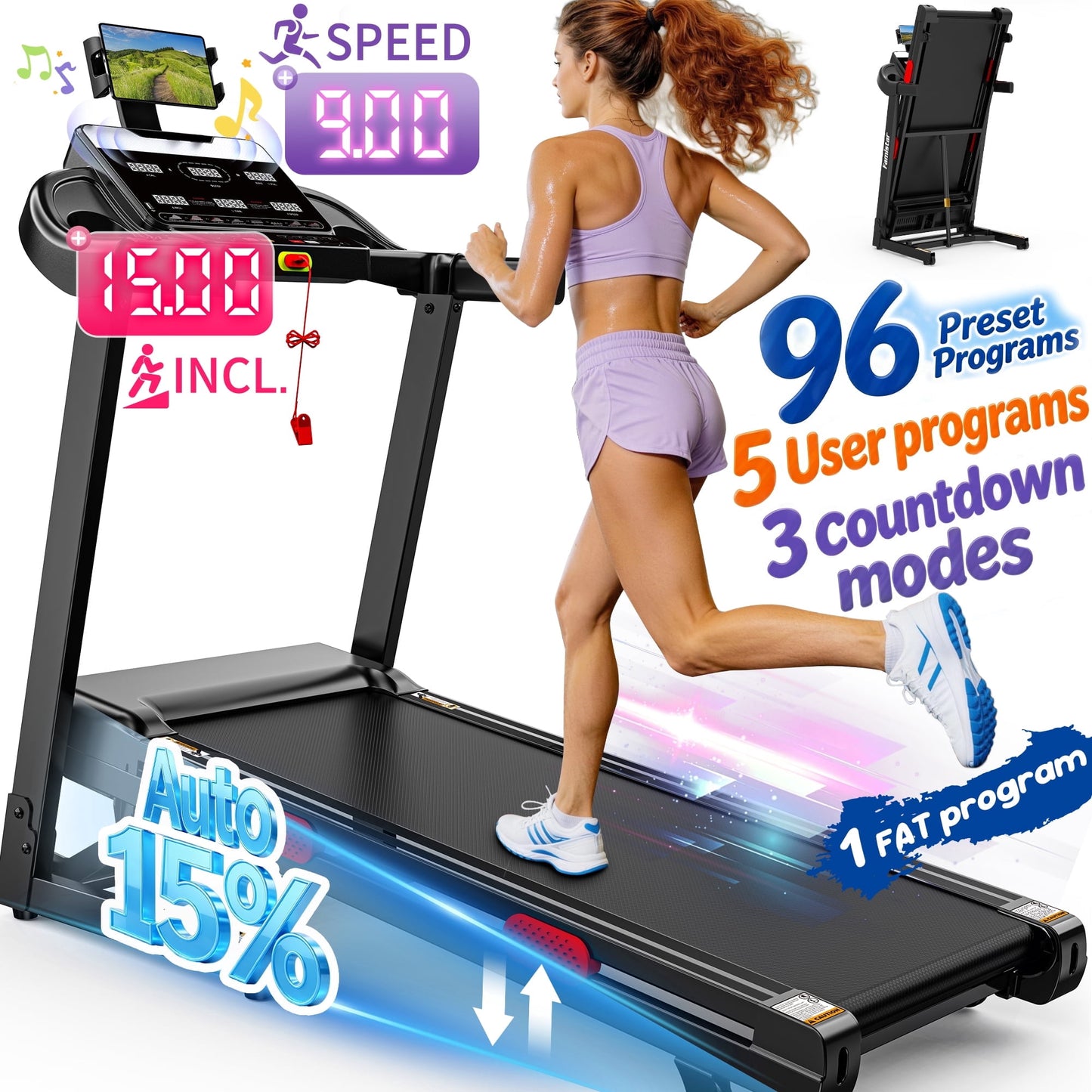 Jogging Walking Treadmill w/ 15% Auto Incline for Home,3.75HP Folding Treadmill,Portable Exercise Equipment w/ 96 Workout Programs,330LB Capacity,Cushioned Running Belt,Bluetooth & APP Connectivity