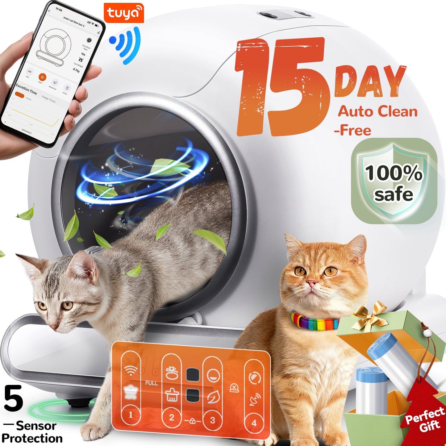 Automatic Cat Litter Box, 110L Self Cleaning Litter Box with APP Control, Odor Removal, Safety Protection, 65L+9L Large Capacity, Litter Box with 2 Liners & Baffle Plate