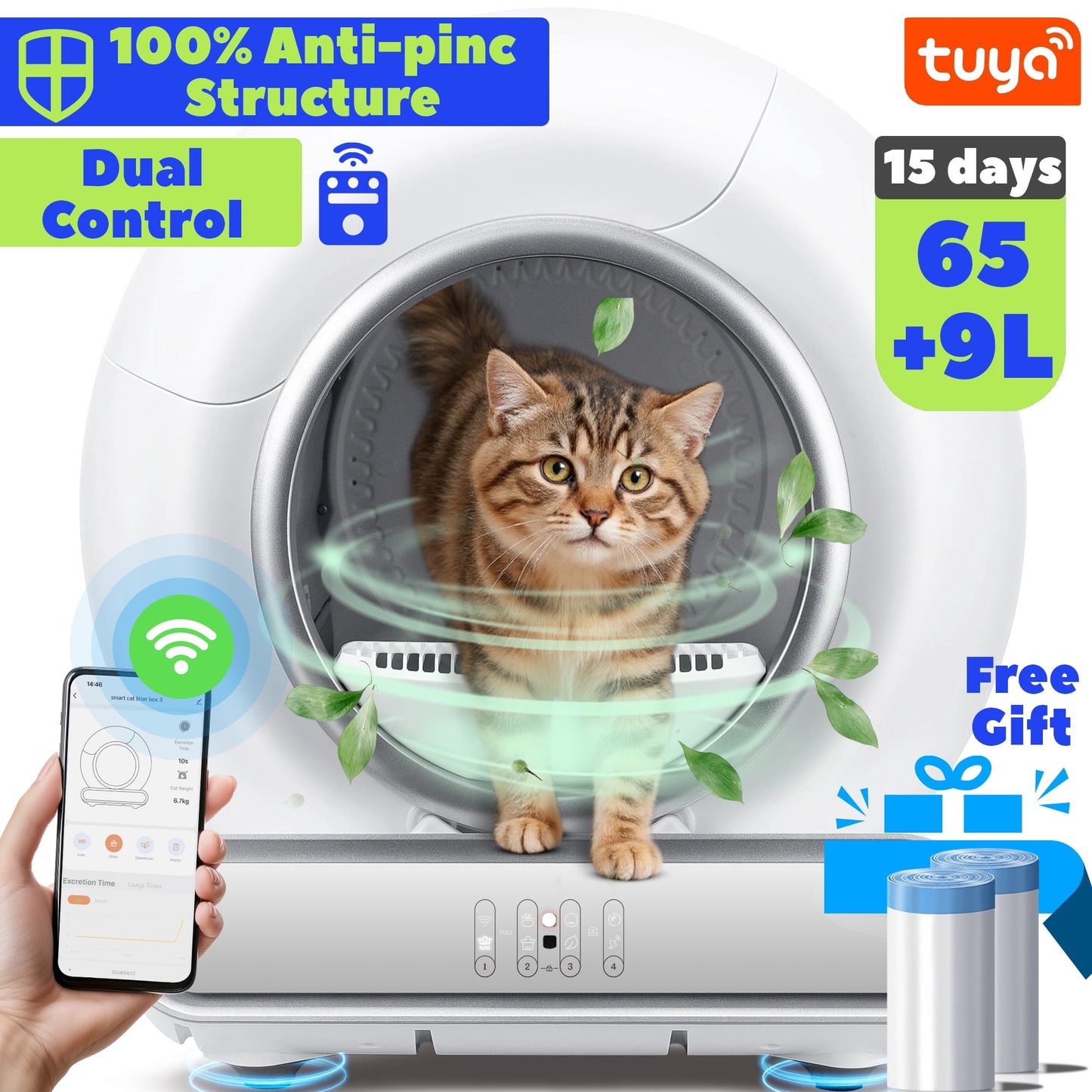 Self-Cleaning Cat Litter Box, Automatic Litter Box w/ 65+9L Extra-Large Capacity for Multi-Cat, App Monitoring & Health Monitoring, Odor Isolation & Smart Radar Detection, Free Liners Gift