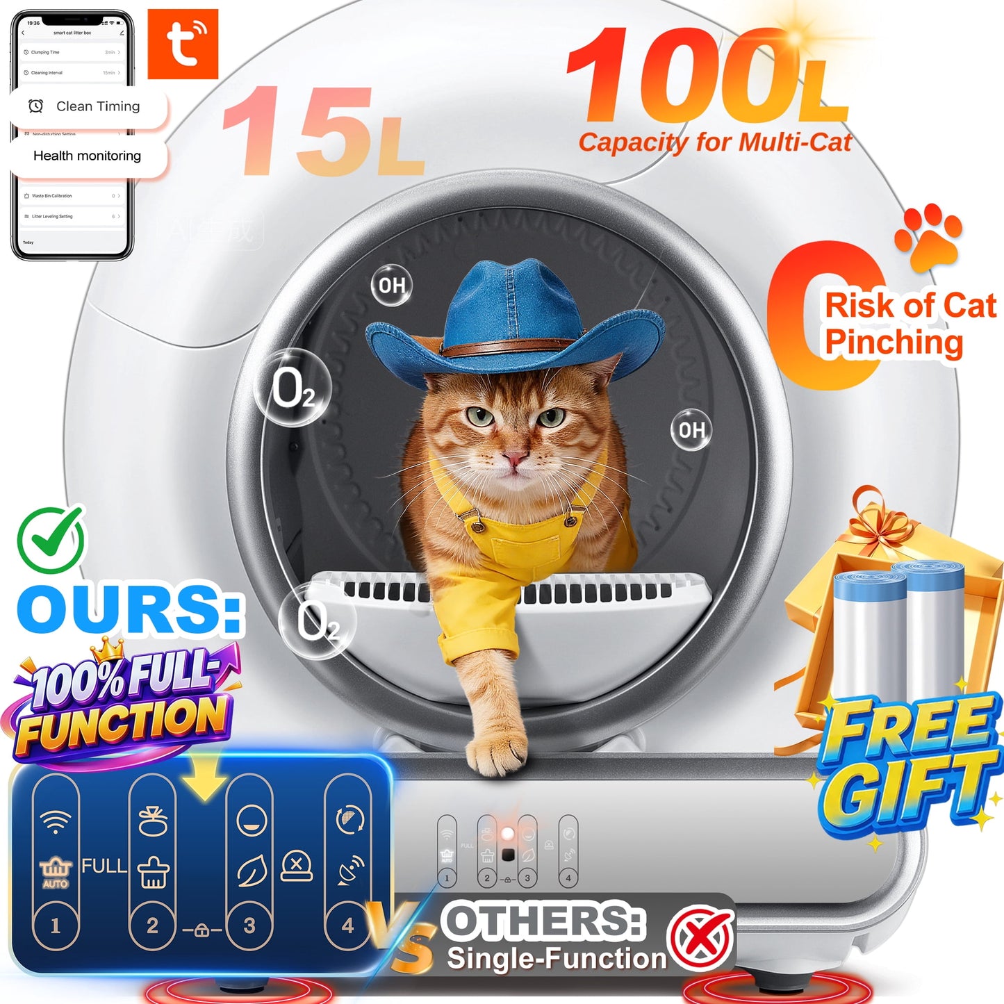 Self Cleaning Cat Litter Box, 115L Automatic Litter Box w/ Liner, 10 Sensor Protection for Multi Cat, Dual APP+ Panel Control,Odor Removal,Litter Box