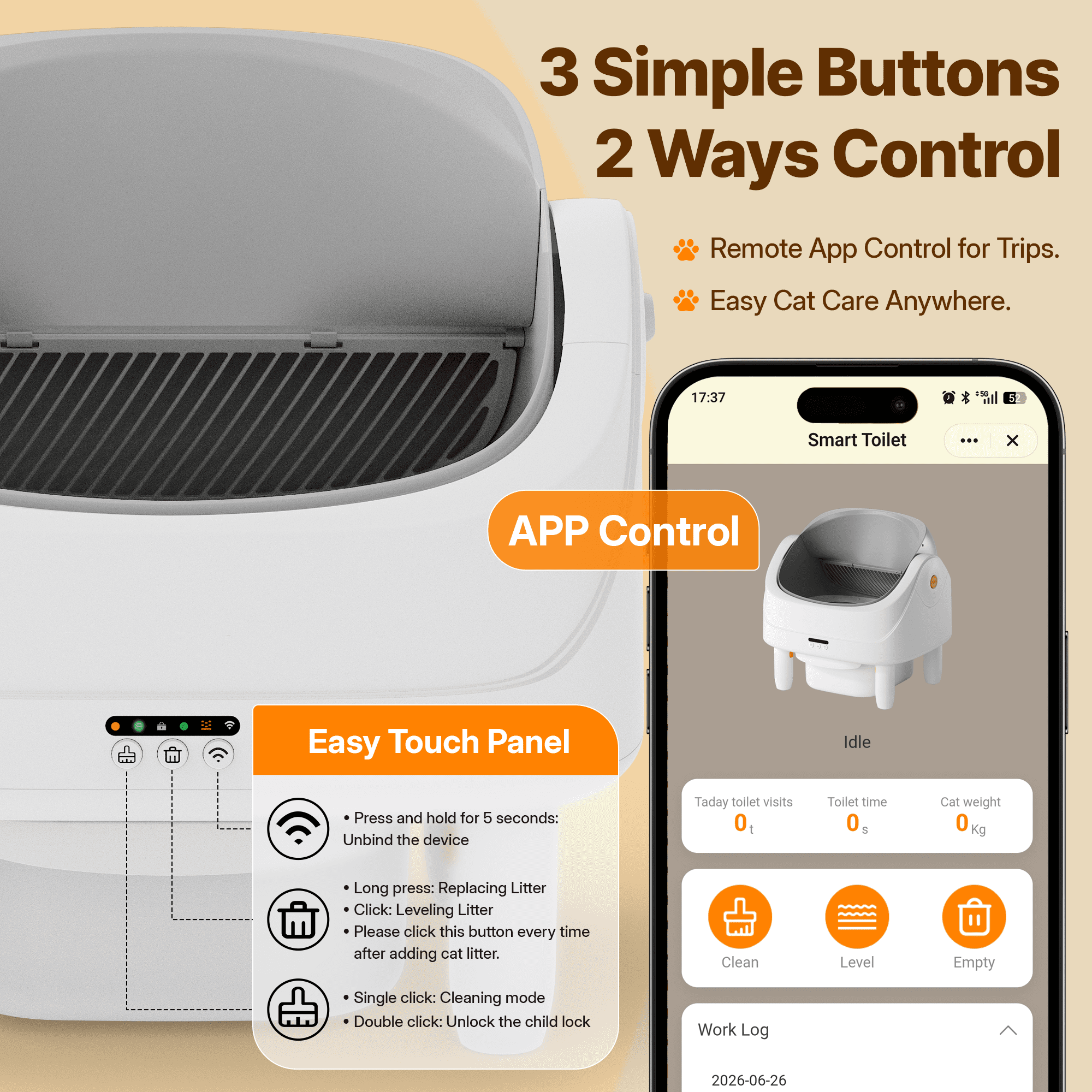 Automatic Cat Litter Box, Self-Cleaning Litter Box, Wifi-Enabled with 2.4G APP Control, Self-Cleaning Litter Box for Multiple Cats, Odor Removal, No-Disturb, Sensor Safety, Large 111L Capacity