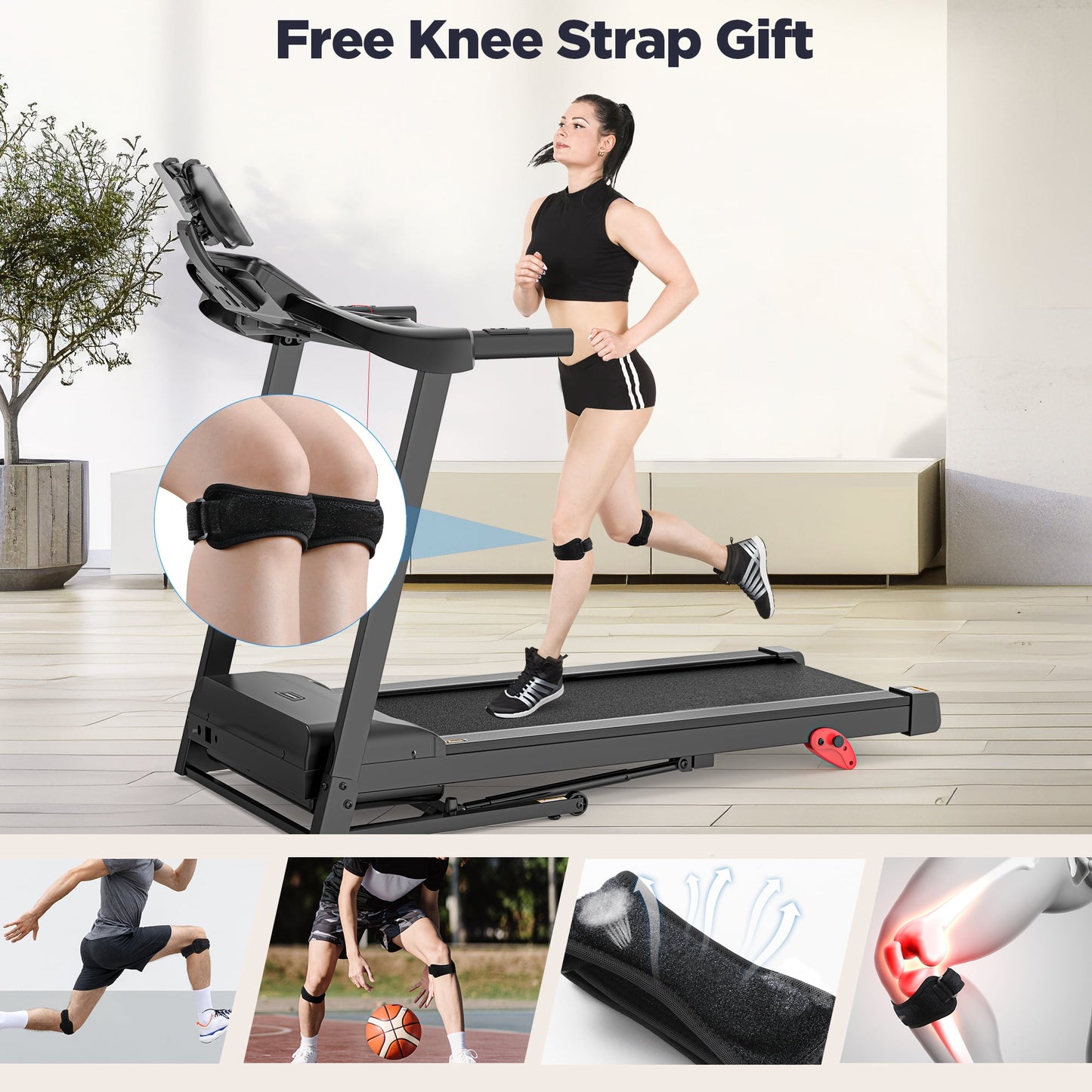 10% Inclined Treadmill w/ 330lb Capacity, 3.75HP Folding Treadmill for Home Walking Running, 64+7 Programs, APP Control, 7.5MPH, HiFi Stereo Speakers, Shock-Absorbing, Knee Strap Gift