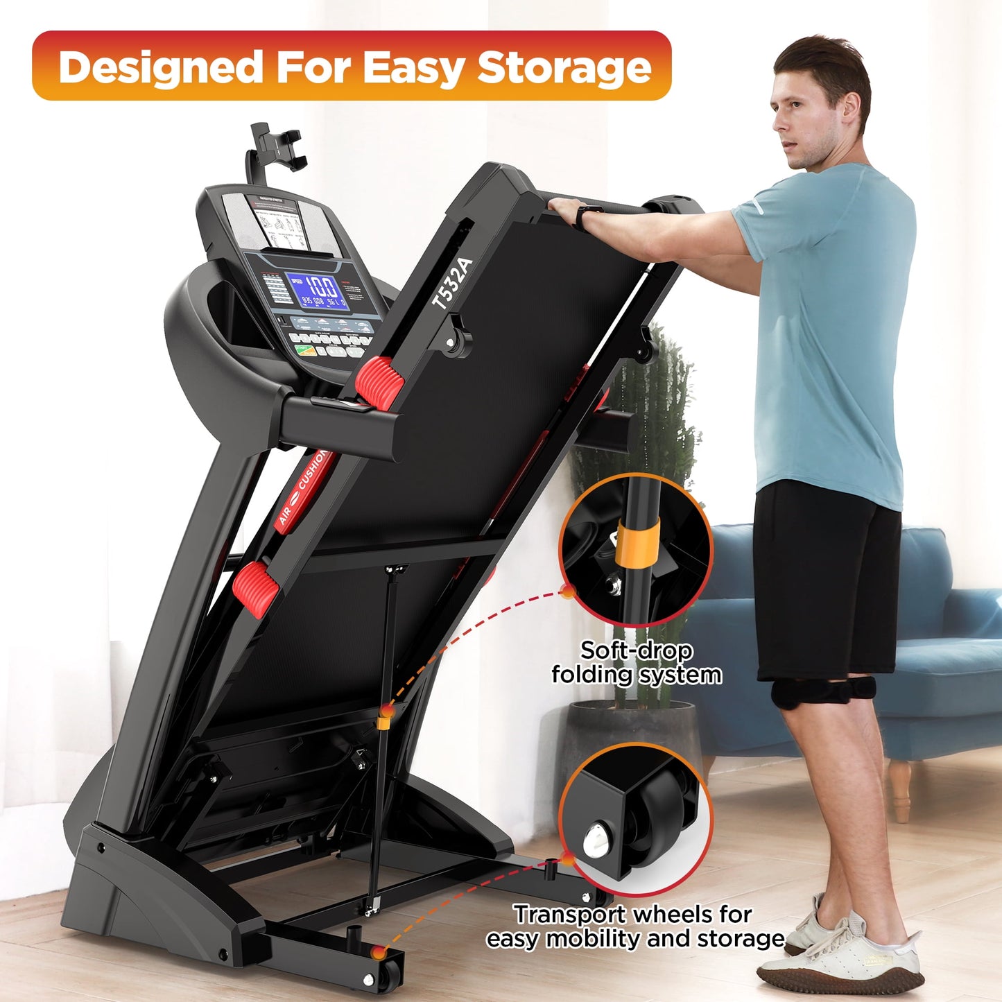 Portable Folding Treadmill for Home Office with 15°Auto Incline, 300lbs Capacity, 10MPH Fast Speed, 64+3+3+1 Programs, APP Enabled, Bluetooth Speakers, Smart Running Walking Machine, 5.0HP