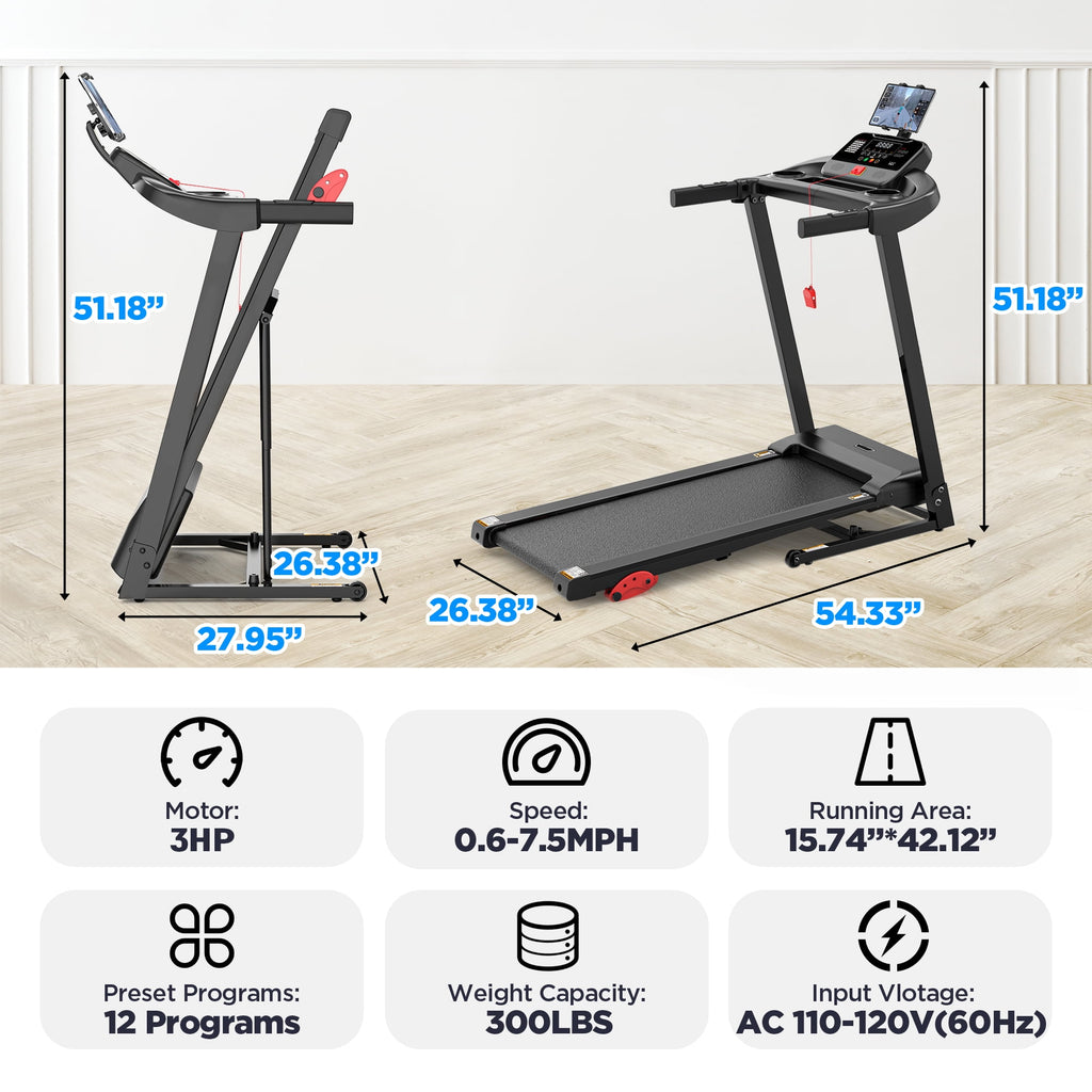 3HP Foldable Incline Treadmill with 300LBS Weight Capacity, 71 Preset Programs, APP Control, 7.5MPH Portable Treadmill, Walking Machine for Home Jogging Walking
