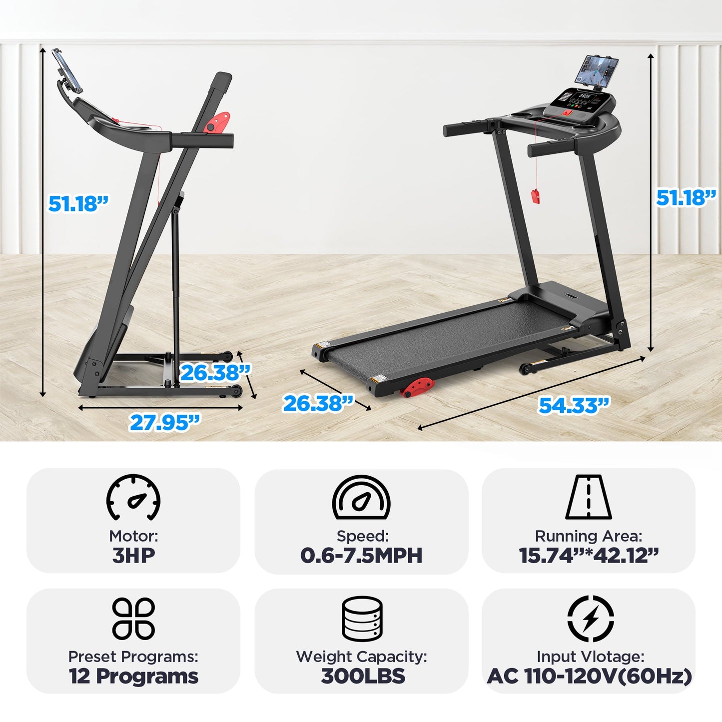 3HP Foldable Incline Treadmill with 300LBS Weight Capacity, 71 Preset Programs, APP Control, 7.5MPH Portable Treadmill, Walking Machine for Home Jogging Walking