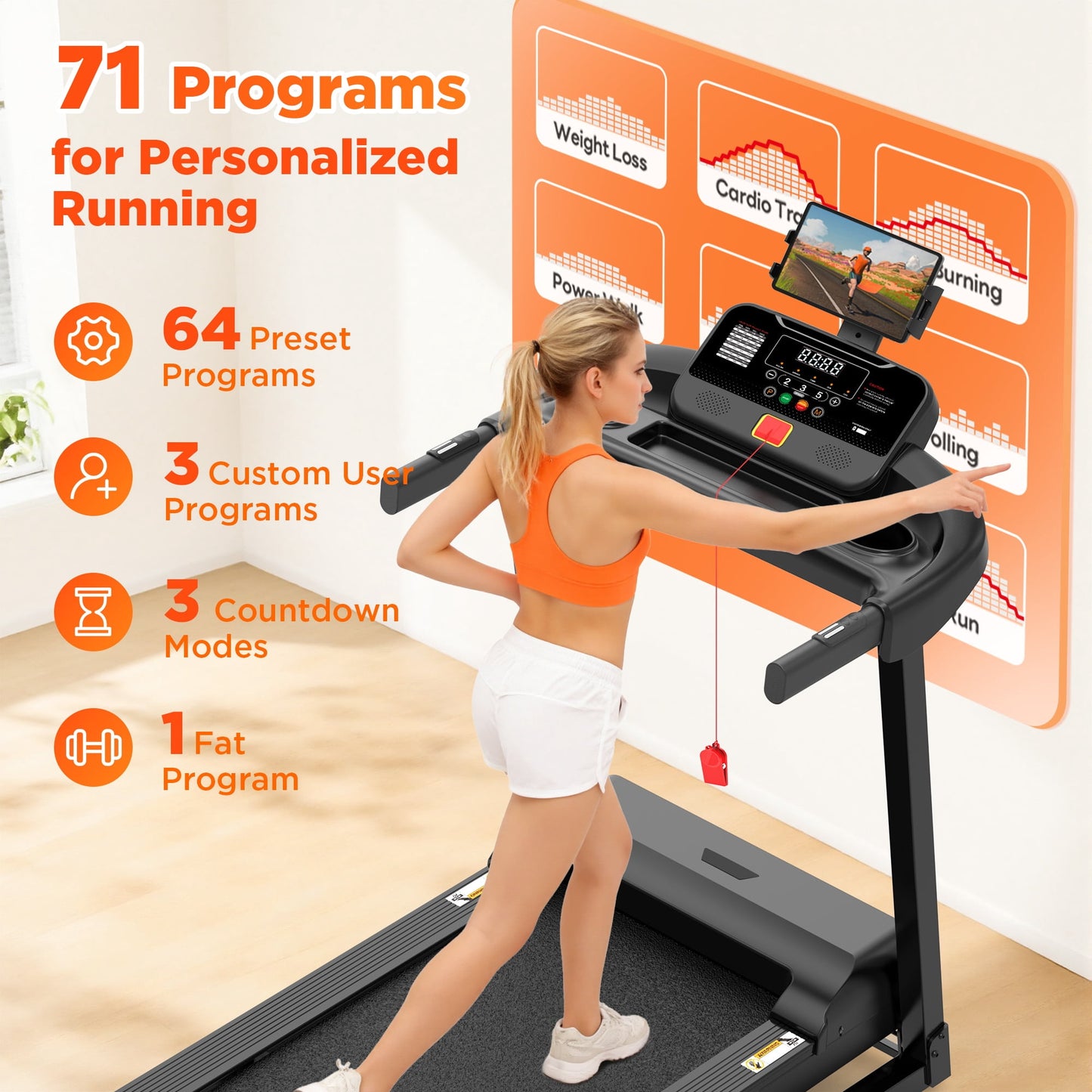 Folding Treadmill w/ Incline, 3.5HP Treadmill for Home w/ 330lb Capacity, 71 Programs