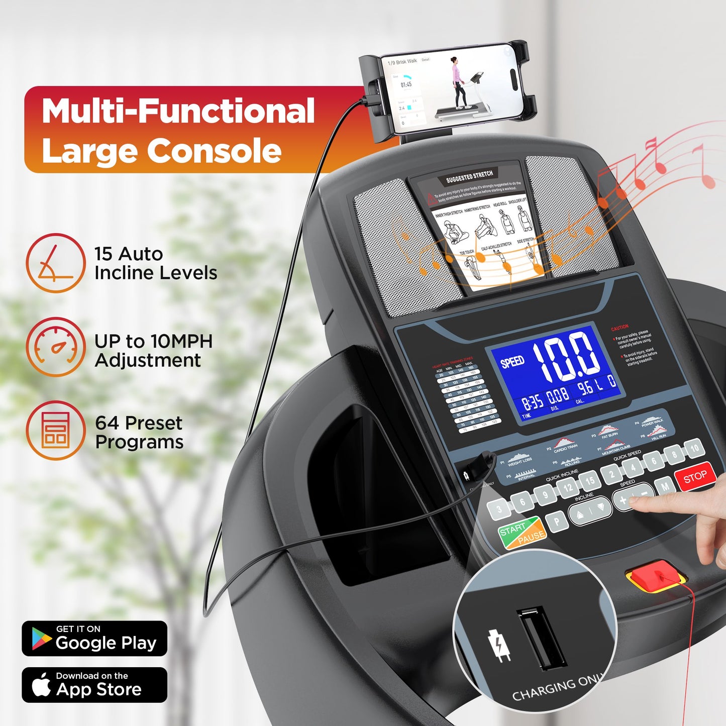 Portable Folding Treadmill for Home Office with 15°Auto Incline, 300lbs Capacity, 10MPH Fast Speed, 64+3+3+1 Programs, APP Enabled, Bluetooth Speakers, Smart Running Walking Machine, 5.0HP