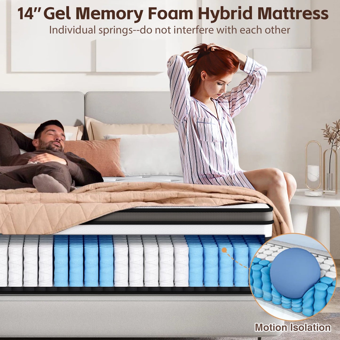 14 Inch Queen Mattress, Gel Memory Foam Hybrid Mattress in a Box, Pocket Spring Support with Motion Isolation & Pressure Relief, Medium Firm, CertiPUR-US
