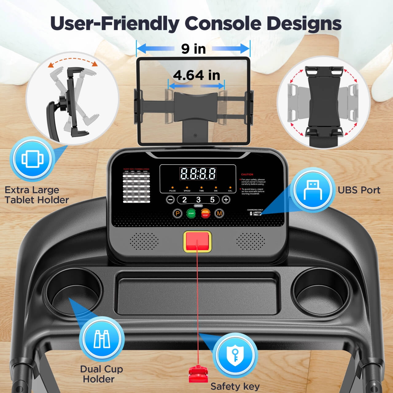 2.75HP Folding Treadmill with 300lb Capacity, 3 Adjustable Incline, 64+6+1 Program, Smart APP Connection, Bluetooth HiFi Stereo Speakers, 7.5MPH Portable Treadmill for Home Jogging walking