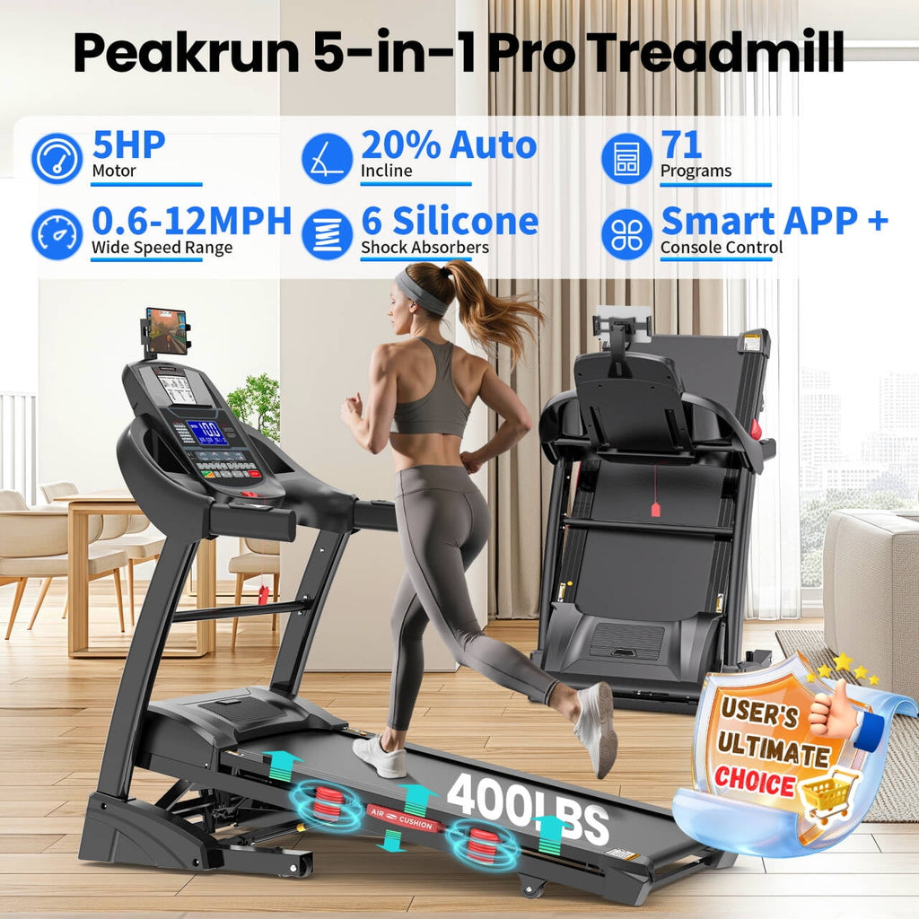 5HP Foldable Treadmill for Home w/ 20% Auto Incline, 400lbs Capacity, 12MPH Portable Treadmill, 64+7 Programs, Personalized Workout with APP, Running Walking treadmill