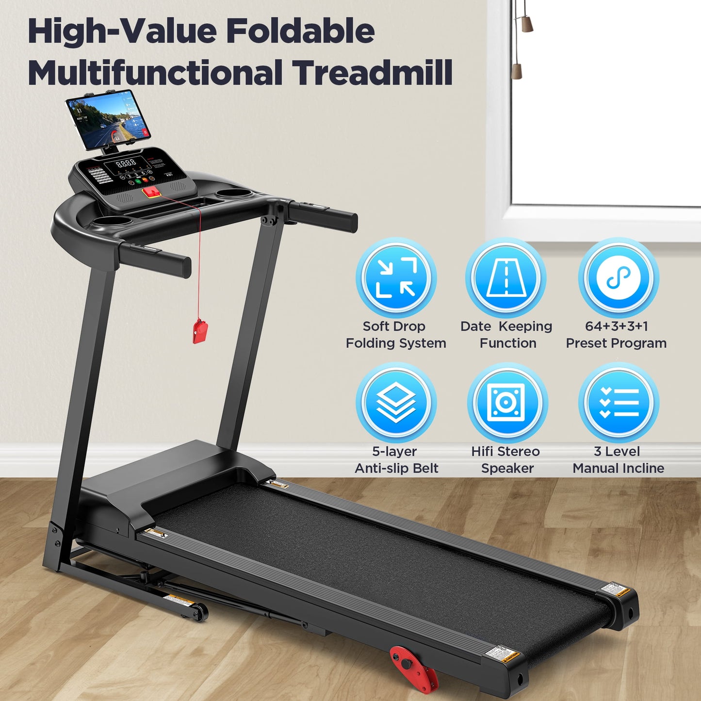 10% Inclined Treadmill w/ 330lb Capacity, 3.75HP Folding Treadmill for Home Walking Running, 64+7 Programs, APP Control, 7.5MPH, HiFi Stereo Speakers, Shock-Absorbing, Knee Strap Gift