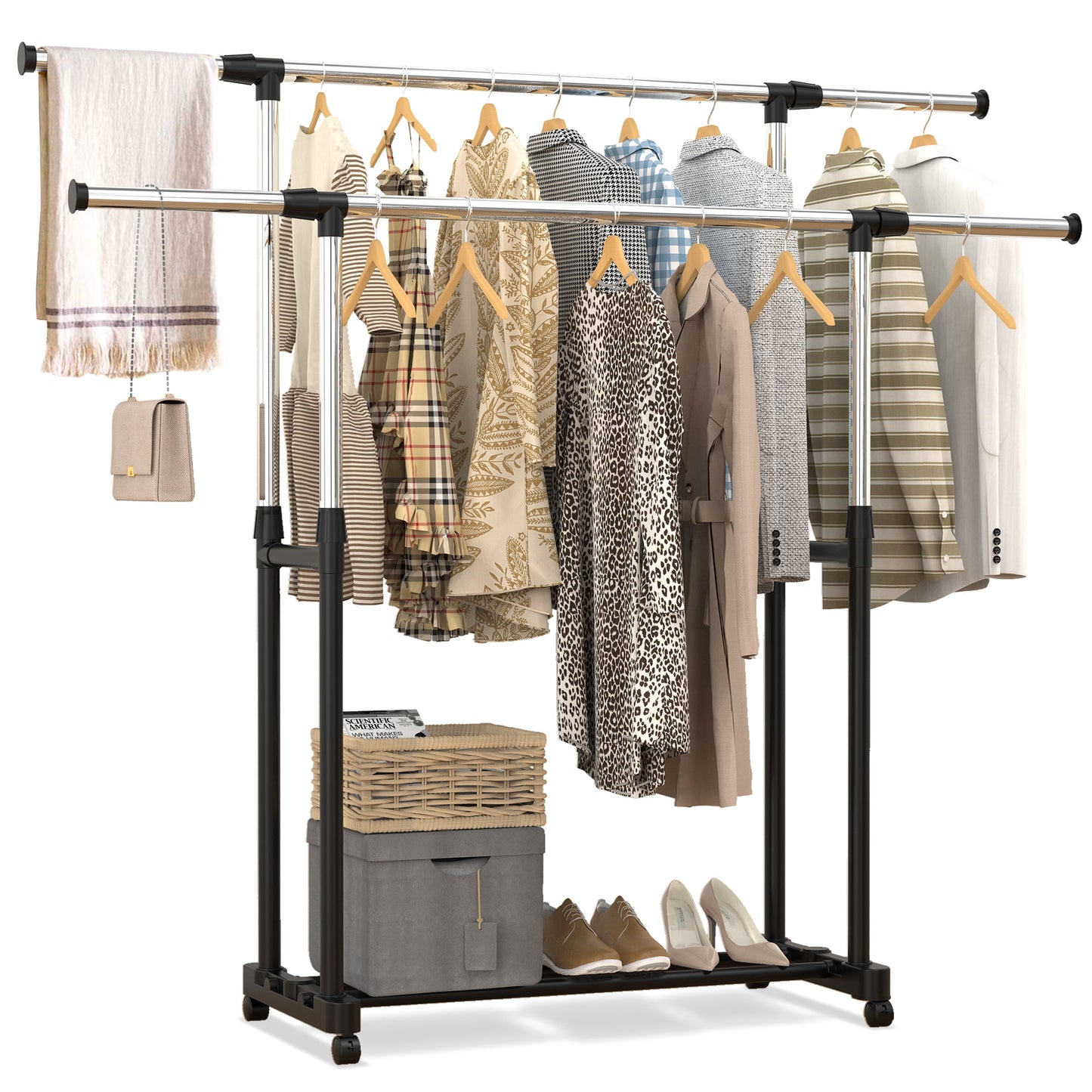 Famistar Double Rail Clothing Garment Rack, 360 Rolling Clothes Rack Organizer on Wheels with Bottom Shelves for Clothes Hanging Shoes Storage, Height Adjustable, Width Extendable, Black